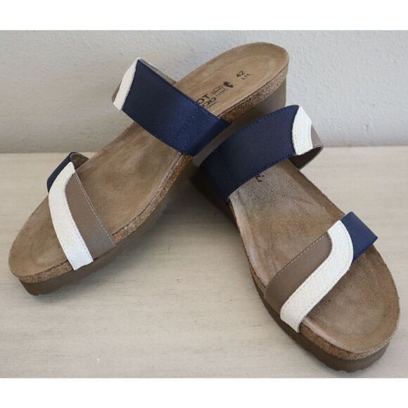 Naot Women's Sz 42 US 11 White/Blue/Khaki Leather Frankie Slide Sandals $140 - Picture 1 of 8